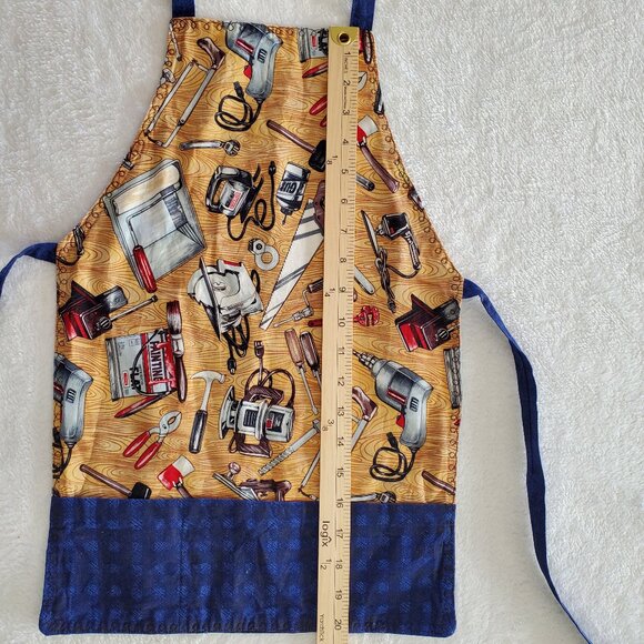 Kids Apron REVERSIBLE Tools & Trains Apron with 3 Pockets Baking Cooking Art - Picture 9 of 11